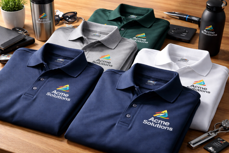 Multiple embroidered polo shirts with company logo displayed with matching branded promotional gifts