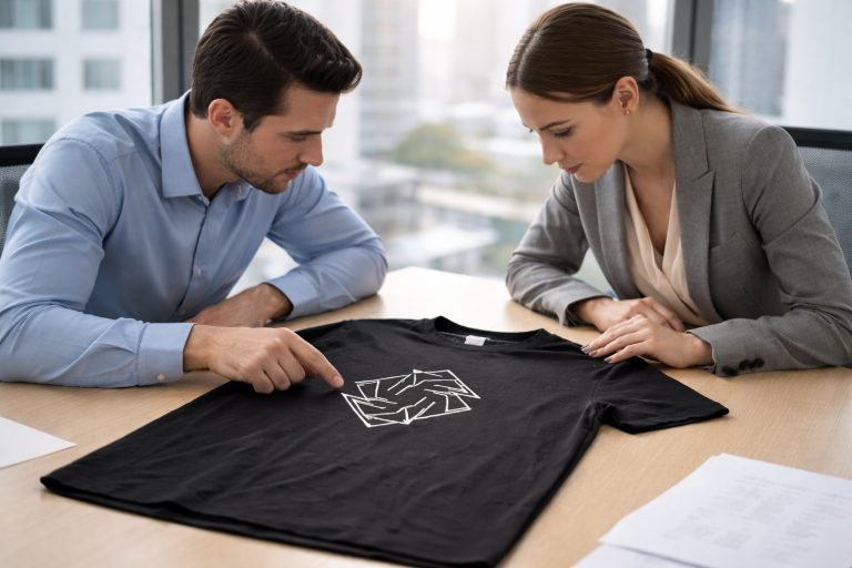 Two business professionals examining the print quality of a custom printed t shirt laying on a table.