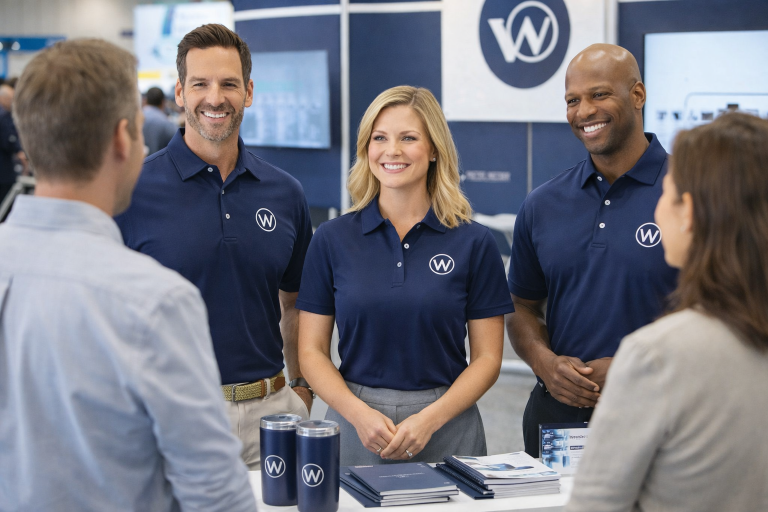 Corporate tradeshow team wearing high-quality branded navy polo shirts with embroidered company logo while speaking with booth visitors