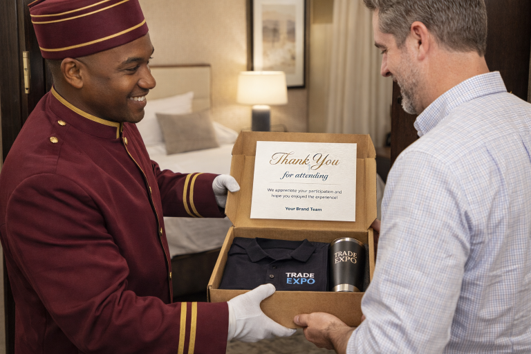 Hotel staff member delivering branded swag box with embroidered polo and engraved tumbler to event attendee in hotel room
