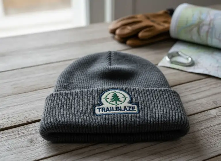 Gray cuffed knit beanie with embroidered Trailblaze logo on a wood table beside hiking gloves, map, and carabiner.