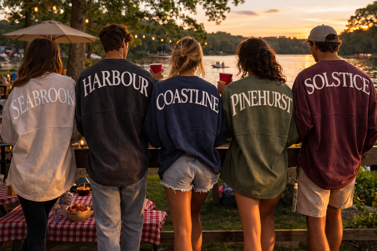 Five people wearing oversized jerseys with large white arched puff print on the back at sunset