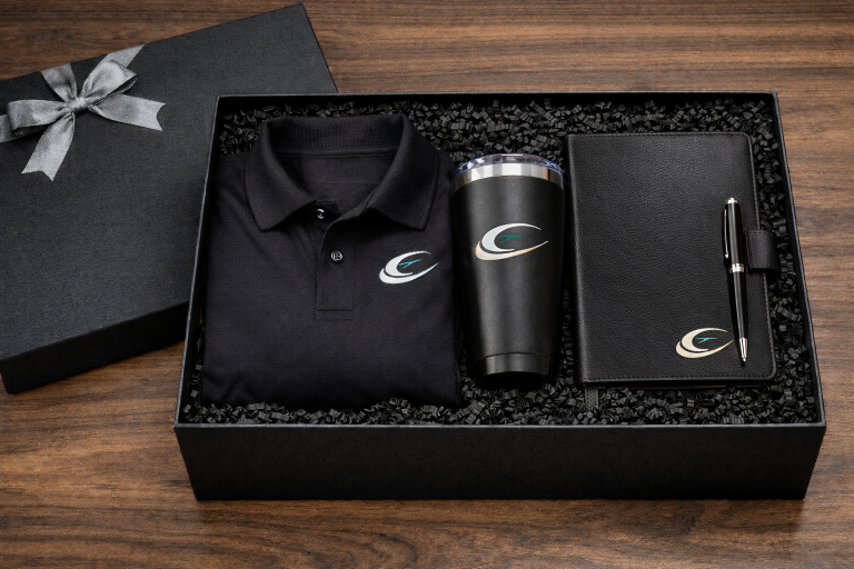 Open black luxury gift box with embroidered polo shirt, engraved stainless steel tumbler, and black heat stamped notebook with matching pen set.