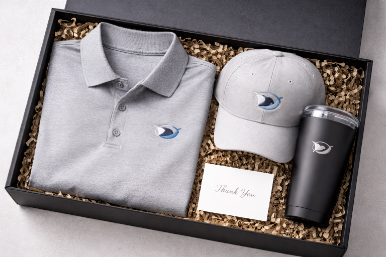 Minimalist premium branded apparel gift box with embroidered polo, embroidered baseball cap, and engraved tumbler