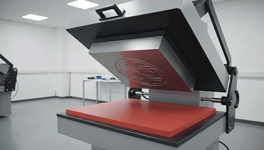 A heat press machine in the open position with a clearly visible metal embossing die featuring a company logo