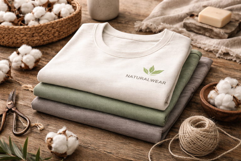 Stack of organic cotton t-shirts with subtle embroidered leaf logo displayed on a rustic wood table with cotton bolls and natural textures.