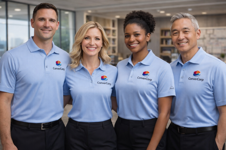 Men and women in office wearing light blue Peter Millar polos with company logo in professional corporate environment.