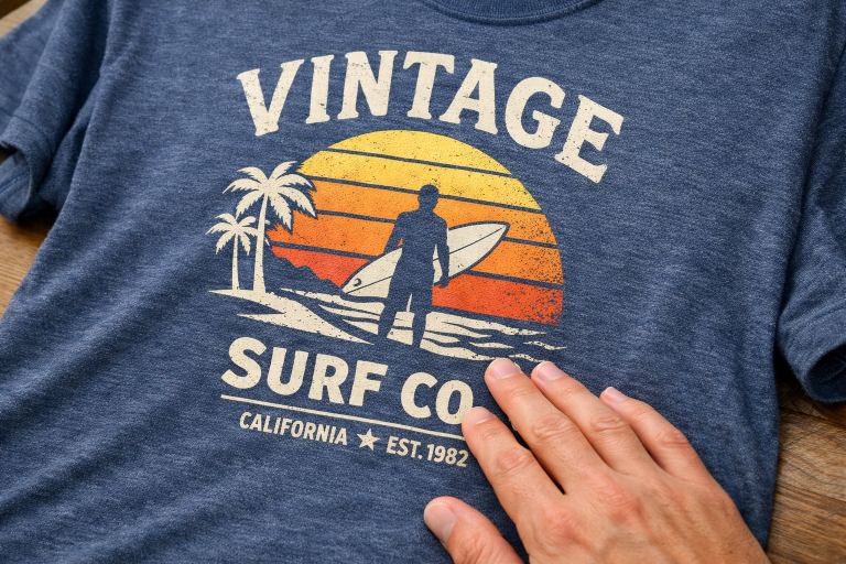 Close-up of heather navy t-shirt with soft hand screen printing that blends into fabric for a smooth, lightweight feel