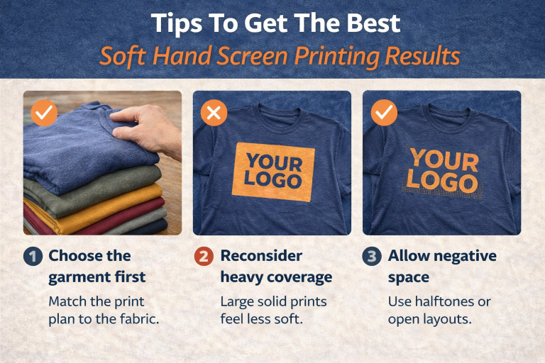 Image comparing garment choice, heavy ink coverage, and negative space design for soft hand screen printing results