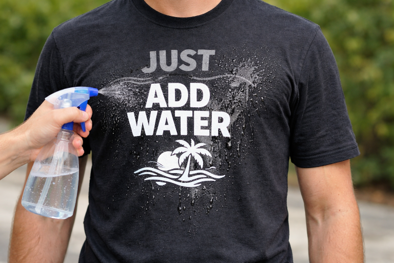 Black t-shirt sprayed with water revealing white hydrochromic ink design in 16:9 orientation
