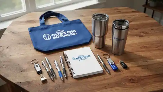 Photo-realistic top-down view on a wooden table showing a neat arrangement of 10 popular custom printed promotional items, including a blue tote bag, stainless steel tumbler, notebook, pens, keychain, and USB drive, with soft natural lighting and high detail on textures.