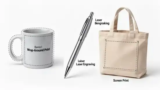 Photo-realistic studio shot on white background displaying three promotional items with subtle dashed outline print zones: ceramic mug wrap-around area, metal pen laser engraving barrel, and canvas tote bag screen print front panel.