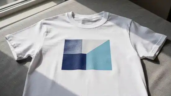 Photorealistic close-up of a white cotton t-shirt laid flat on light gray fabric with a simple two-color geometric screen print on the chest, under natural daylight with soft shadows emphasizing texture and crisp edges.