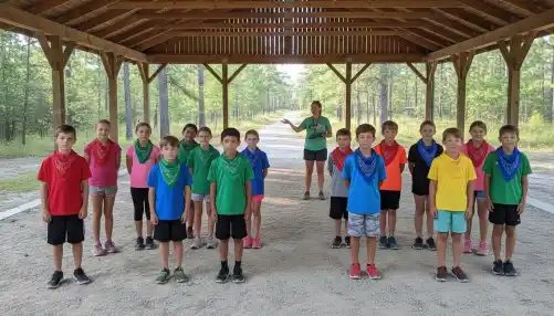 Four groups of five diverse campers in distinct bandanas gather at outdoor pavilion, staff coordinating in background.