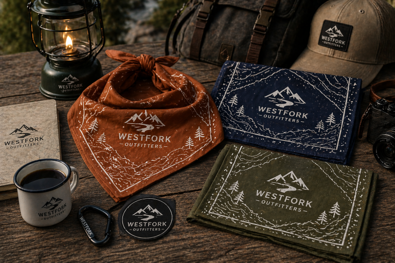 custom logo bandanas in brown blue and green with white print displayed with camping gear on wooden table
