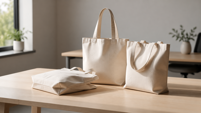 Blank canvas tote bags displayed on a table in a clean office environment ready for custom printing and branding.