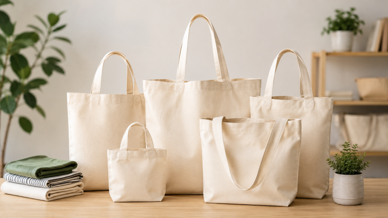 Bulk tote bags displayed in multiple sizes on a tabletop in a professional product photography setting.