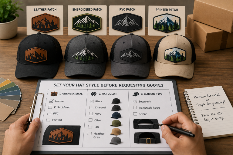 Custom patch trucker hat planning workspace featuring patch material options, hat color selections, closure styles, and product samples used for quote preparation.