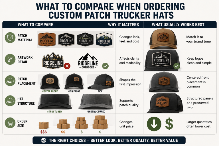 Comparison chart showing patch material, artwork detail, patch placement, hat structure, and order size considerations for custom patch trucker hats.