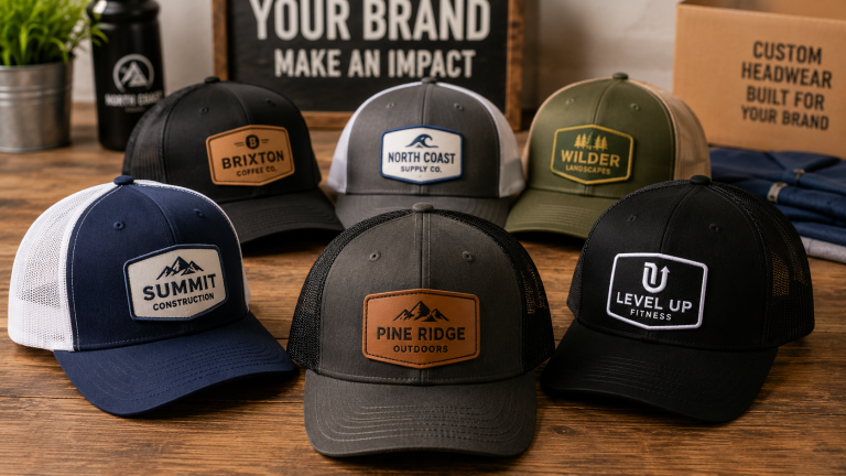 Collection of custom patch trucker hats with branded logo patches displayed on a wooden table, featuring mesh back construction and snapback closures for corporate merchandise, team apparel, and promotional giveaways.