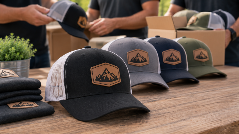 Custom patch trucker hats displayed on a wooden table during a branded merchandise fulfillment operation, featuring adjustable snapback closures, mesh backs, and leather logo patches.