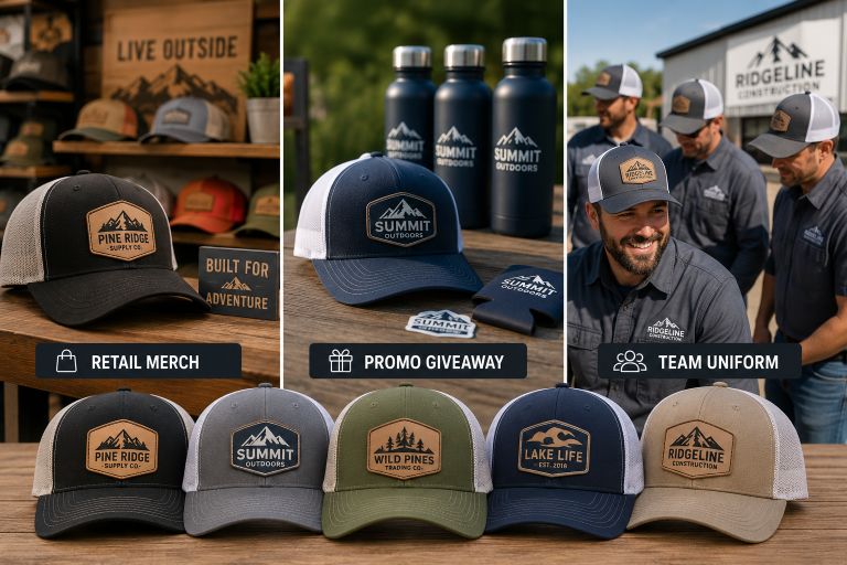Collection of custom patch trucker hats displayed in retail, promotional, and team environments, demonstrating versatile branded headwear for businesses, events, employee uniforms, and merchandise programs.