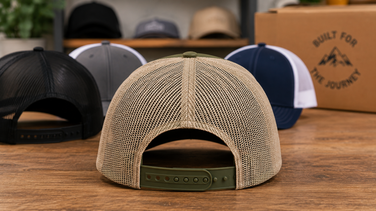 Rear view of a custom patch trucker hat showing breathable mesh back panels and adjustable snapback closure, displayed on a wooden table with additional branded trucker hats in the background.