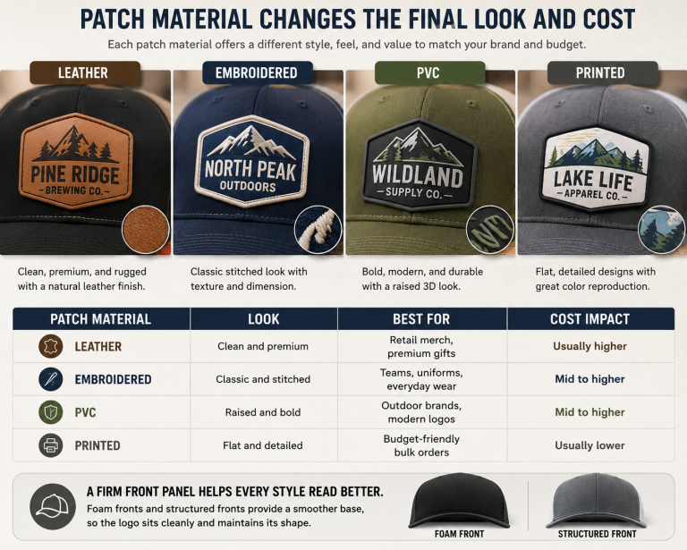 Comparison of leather, embroidered, PVC, and printed patches on custom trucker hats, showing different branding styles, textures, durability levels, and appearance options.