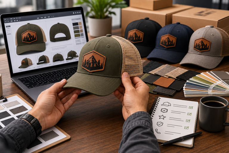 Custom patch trucker hat review process showing digital proofs, product specifications, customer reviews, material samples, and supplier verification before ordering.