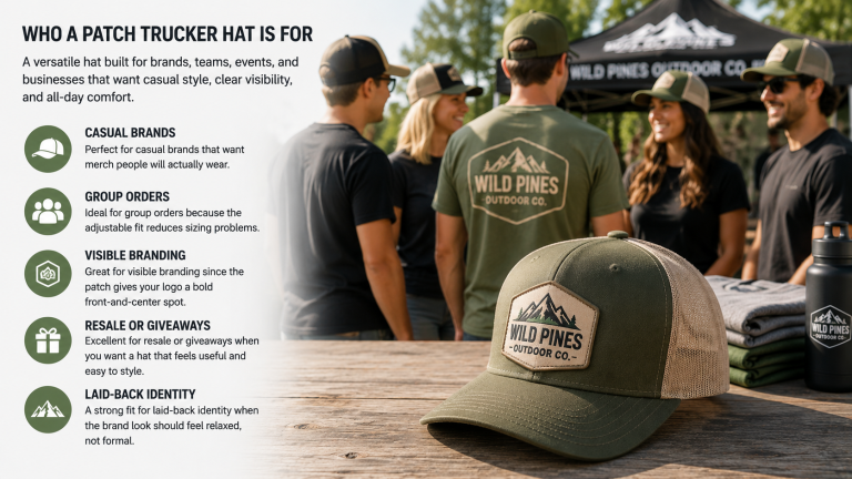 Custom patch trucker hat displayed at a branded outdoor event with team members wearing matching hats and apparel, demonstrating promotional merchandise and company branding opportunities.