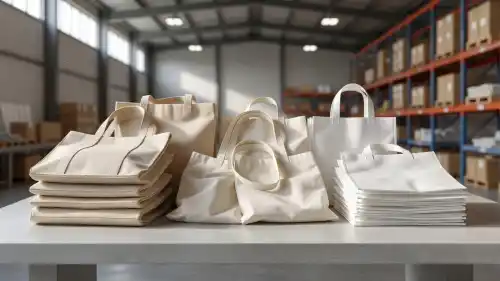 Various blank tote bags crafted from canvas, cotton, and non-woven fabric are neatly aligned on a smooth surface. This warehouse display highlights distinct material textures under crisp, professional studio lighting.