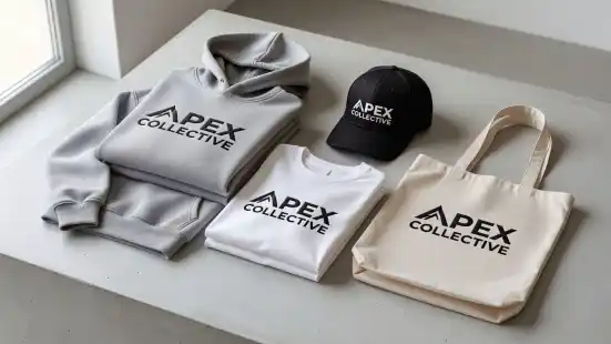 A neatly folded grey hoodie, a white cotton t-shirt, and a matching canvas tote bag sit on a clean white surface. Each item displays a bold, consistent black brand logo clearly.