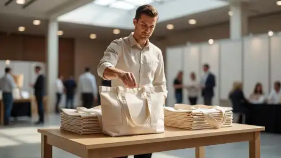 A person reaches toward a neat stack of beige canvas tote bags arranged on a professional trade show table. Soft natural light highlights the durable fabric textures in the busy hall.