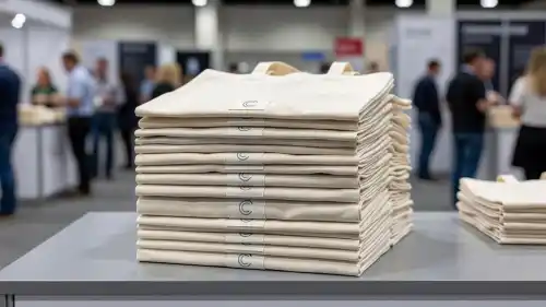 A neatly organized stack of white cotton tote bags sits on a trade show table. The foreground features clean minimalist branding, while blurred attendees walk through the background of the exhibit.