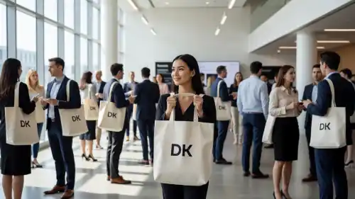 A person in an event hall holds a high-quality branded canvas tote bag prominently in the foreground. Blurred attendees walk through the bright, airy space filled with promotional merchandise displays.