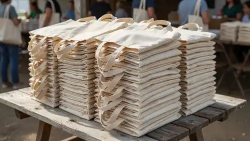 A neat pile of plain, lightweight fabric tote bags rests on a weathered wooden table surface. Bright natural light illuminates the textured grain of the wood and the folded bag layers.