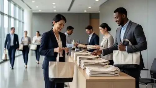 Attendees stand at a sleek registration desk receiving high-quality canvas tote bags. Soft light illuminates the clean, professional venue while individuals hold their new branded accessories in a welcoming atmosphere.