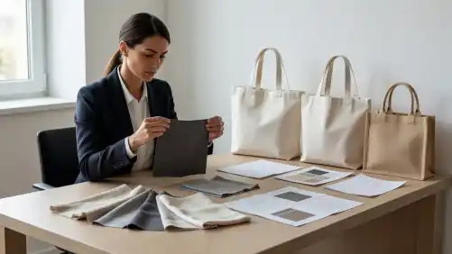 An event planner examines a collection of colorful fabric swatches and assorted blank tote bags arranged neatly across a white desk. Soft sunlight illuminates the professional textile design materials.