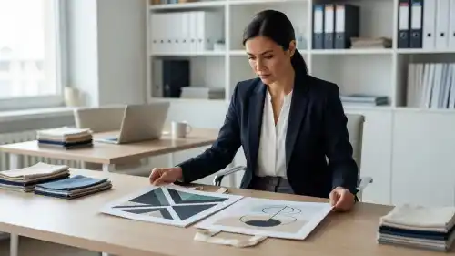 A professional event planner examines high-quality printed fabric proofs for tote bags while seated at a clean white desk. Sunlight streams into the organized home office, illuminating the detailed design patterns.