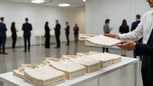 A staff member hands a cream canvas tote bag to an attendee across a registration desk. Neatly folded bags with embroidery sit in rows while guests mingle in the soft background.