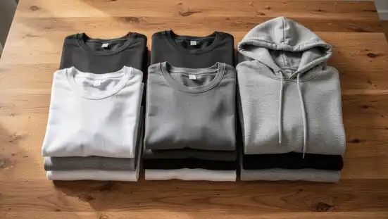 A flat-lay view displays neatly folded cotton t-shirts and fleece hoodies arranged on a rustic wooden table. The soft, even lighting highlights the fabric textures during the bulk sorting process.