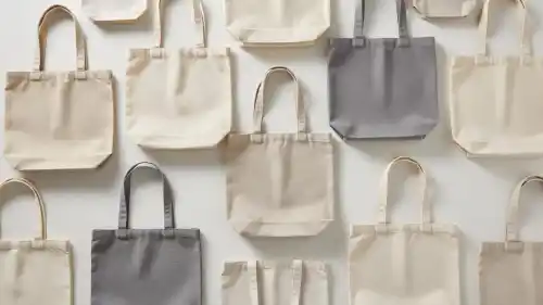 An assortment of empty canvas and cotton tote bags lies flat against a minimalist background. Each bag displays distinct fabric textures ranging from coarse woven fibers to smooth, lightweight cotton blends.