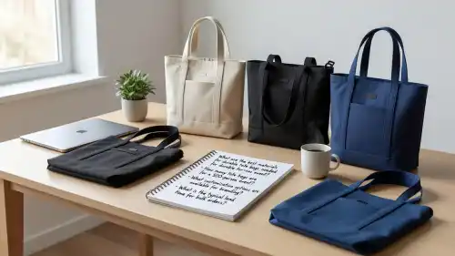 An organized white desk displays a neatly placed notepad containing inquiry lists alongside several premium tote bags. Soft natural light streams through a nearby window to illuminate the professional workspace.