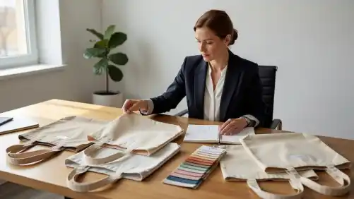 An event planner examines various cotton tote bags spread across a professional desk, arranged alongside vibrant fabric color swatches and a notebook. Soft natural light illuminates the organized material selection process.