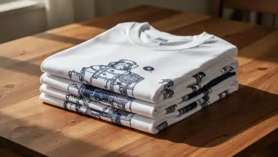 A neatly folded stack of high-quality cotton t-shirts rests on a rustic wooden table. A crisp, professionally screen-printed graphic is visible on the top garment, illuminated by soft, natural daylight.