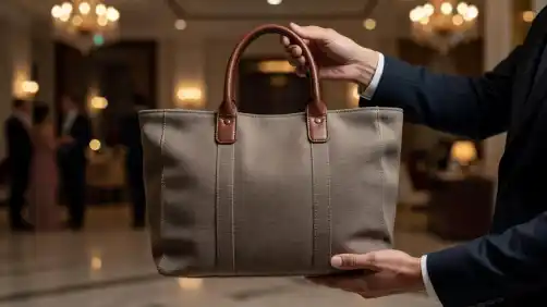 A person holds a high-end canvas tote bag featuring sturdy brown leather handles. The professional event setting in the background is softly blurred to highlight the textured quality of the gift.