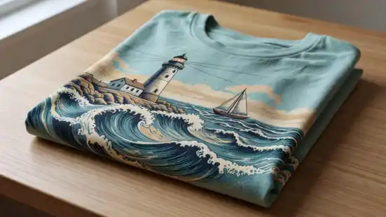 A neatly folded cotton t-shirt rests on a rustic wooden surface under natural sunlight. The detailed ink design integrates smoothly into the fabric fibers, highlighting the soft and breathable textile quality.