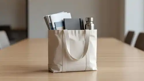 A sturdy canvas tote bag rests on a white conference table, accompanied by branded brochures, a spiral-bound notebook, and a reusable water bottle, all illuminated by bright, even office ceiling lighting.