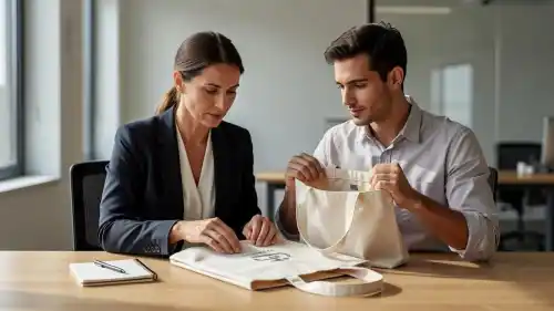 Two individuals sit at a polished wooden table in a sunlit office, carefully examining a blank canvas tote bag to evaluate its fabric quality and the precision of the screen printing.