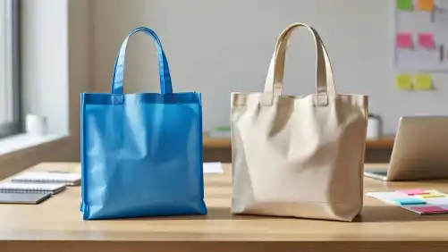 A thin blue non-woven bag sits beside a durable beige cotton canvas tote on a clean office desk. A blurred workstation background provides context for event planning and professional equipment selection.